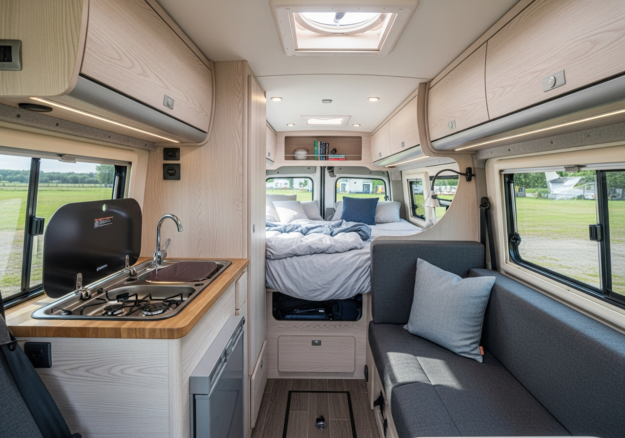 Interior of a spacious high-top campervan conversion, looking from the front to the back, showing overhead storage lockers and a fixed bed in the distance.