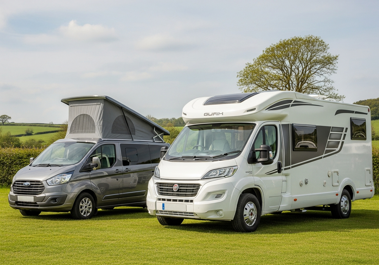 A Ford Transit Custom with a pop-top roof parked next to a Fiat Ducato with a high-top roof in a scenic UK campsite, showcasing the height difference.