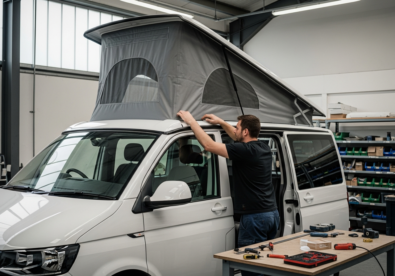 A workshop scene where a professional converter is carefully fitting a new fibreglass high-top roof onto a VW Transporter van.