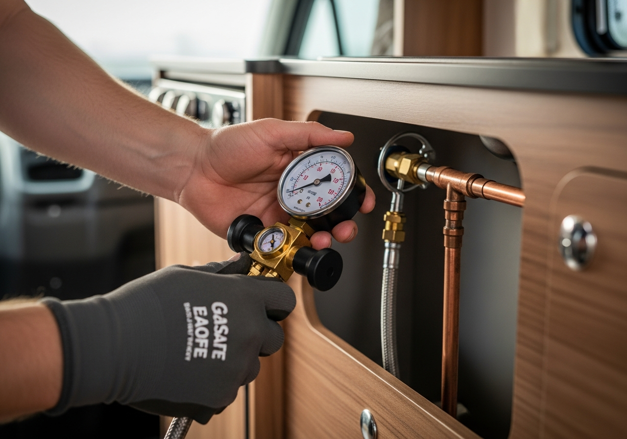 A close-up shot of a Gas Safe engineer's hands using a pressure gauge to test the copper gas pipes in a newly converted campervan kitchen unit.