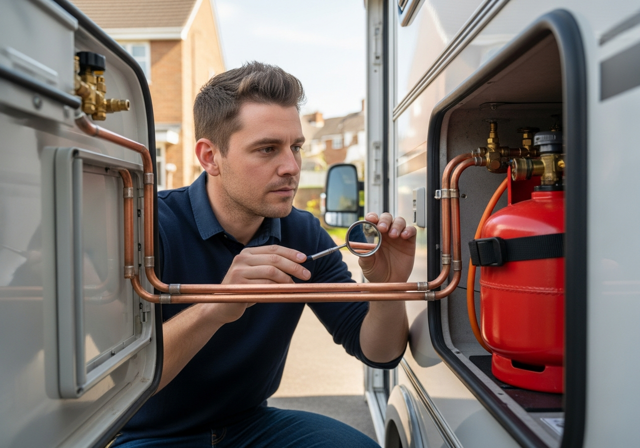 A cautious-looking person in their 30s inspecting the copper gas pipes and gas locker inside a used campervan for sale on a driveway.