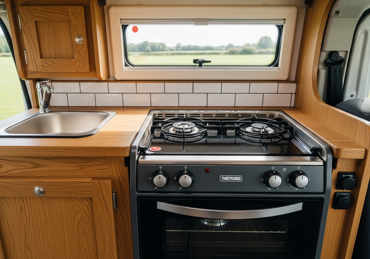 A pristine, newly completed professional campervan conversion interior, focusing on the kitchen area with a shiny new gas hob and oven.